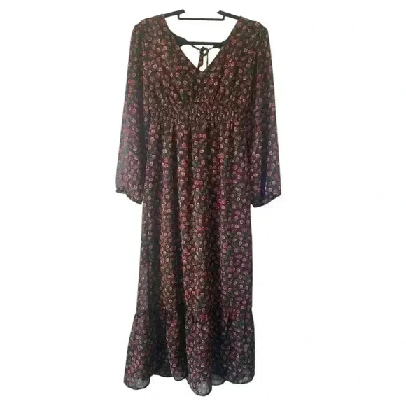 indulge Dresses & Skirts - Indulge Women's Floral Smocked V Neck Bell Sleeve Fairy Goth Maxi Dress Sz Large